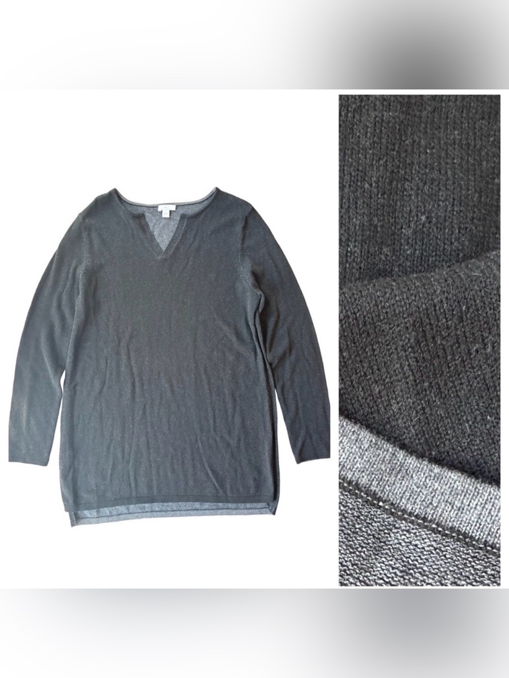 J. Jill Black Gray Heathered Classic Split V-Neck Tunic Sweater Size Small EUC